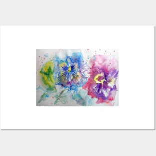 Red, Purple and Blue Pansy Watercolor Posters and Art